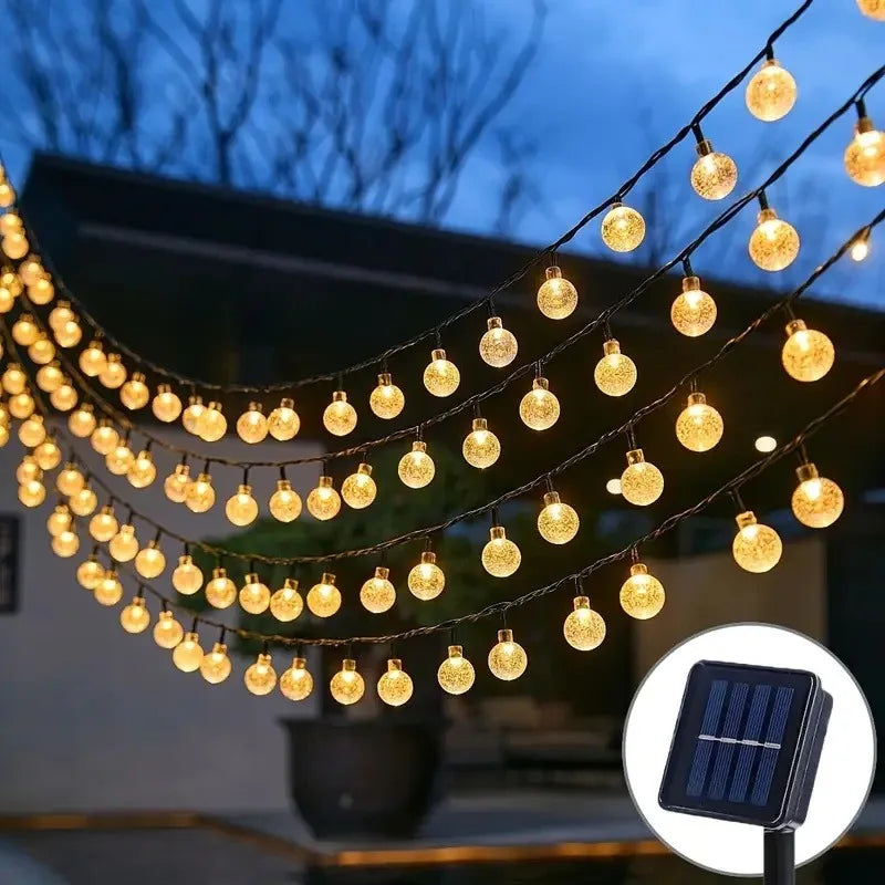 Solar bubble ball string lights, 8 modes, 22m 200 LED crystal globe outdoor, blue/white/yellow