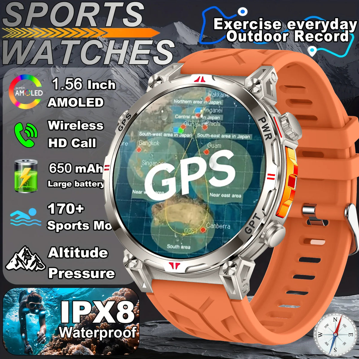 2026 New Outdoor GPS Sports Smartwatches Men Compass 5ATM Waterproof 24/7 Health Monitoring Chat GPT Bluetooth Call Smart Watch