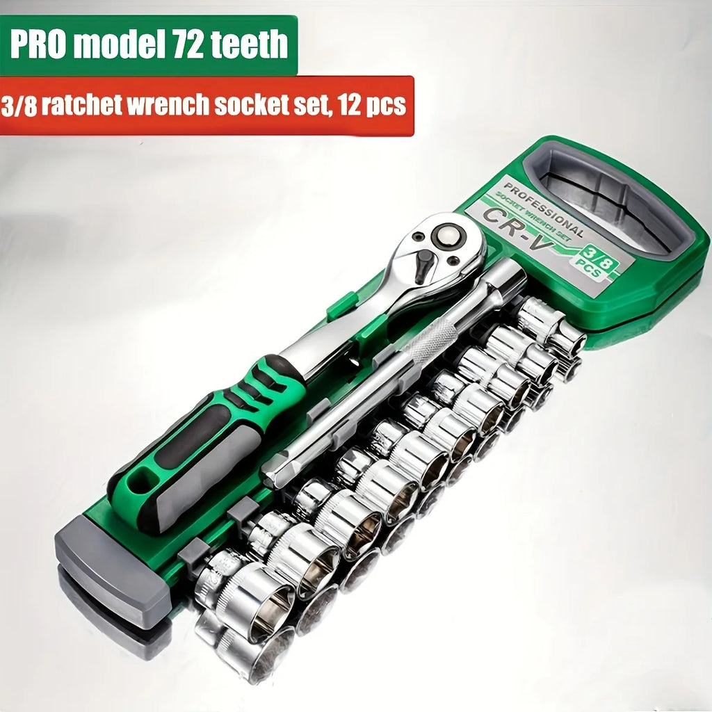 72 Tooth 12 Piece Ratchet Wrench Socket Set 1/4 "-3/8" -1/2 "Metric Set Automotive Maintenance and Household Tools Set
