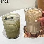 450ML Striped Glass Cup Transparent Drinking Glass with Lid and Straw, Ice Coffee Tea Juice Milk Water Glass, Stylish Design