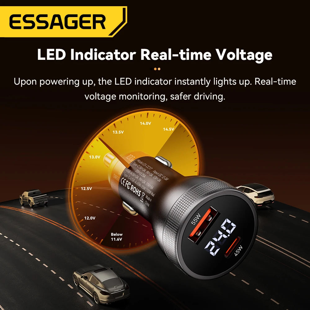 Essager 100W USB C Car Charger PD3.0 Fast Charging Digital Dispaly Quick Charge for iPhone 15pro Samsung Xiaomi  MacBook Laptop