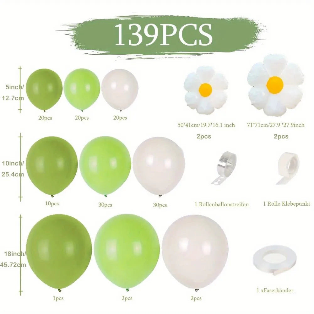 139pcs Green and White Daisy Balloon Set Suitable for Themed Birthday, Wedding, Engagement, Party, and Anniversary Decorations