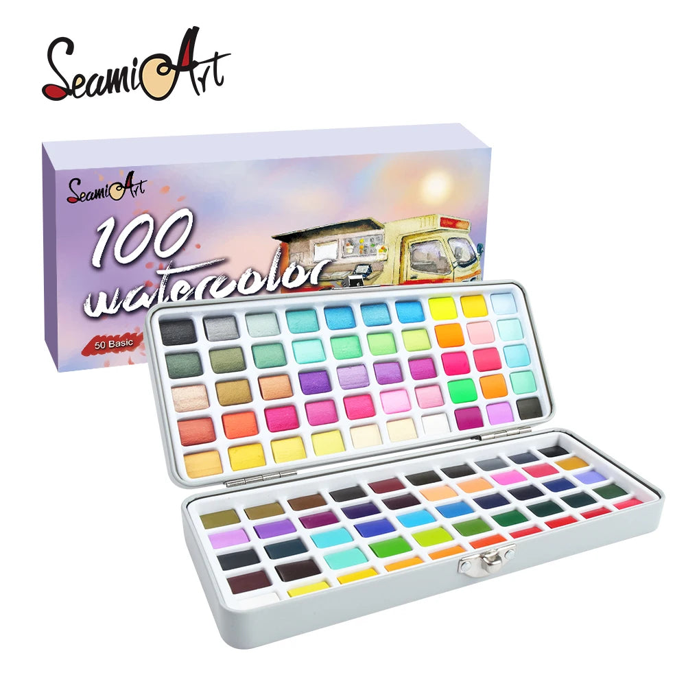 Seamiart 50/72/90/100 Color Solid Watercolor Paint Set Basic Neone Glitter Watercolor Pigments for Drawing Art Paint Supplies