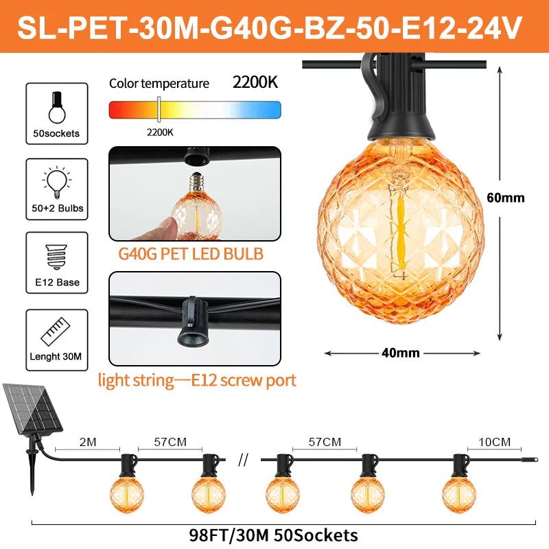 Grensk Solar String Lights with Remote, Dimmable G40 LED Diamond Bulbs, IP44 Outdoor