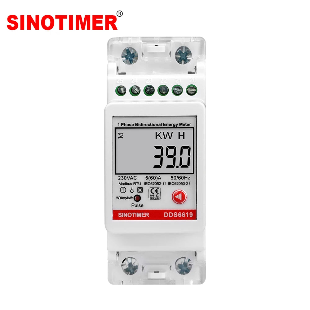 SINOTIMER Single Phase AC 230V 60A Electricity Energy Meter KWH RS485 Modbus Current Voltage Power Measurement 2P Solar PV Meter