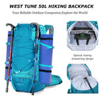 WESTTUNE 50L Hiking Backpack with Rain Cover, Outdoor Travel Trekking Rucksack