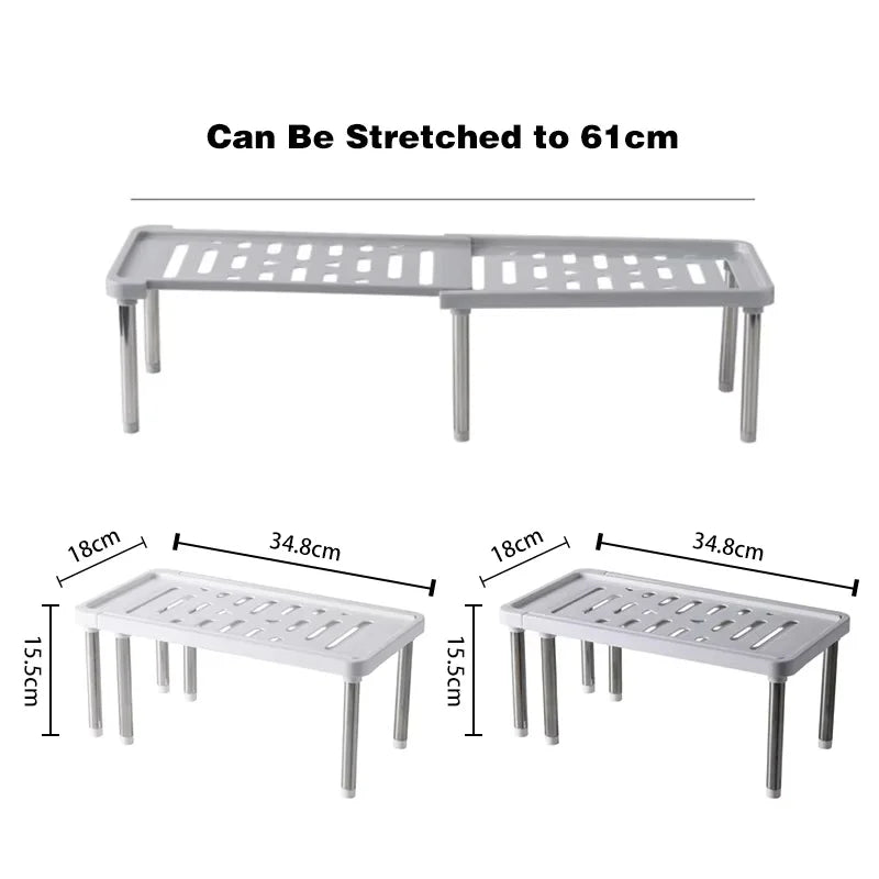 Retractable kitchen cabinet shelf organizer rack for dishes & seasoning bottles, grey/white