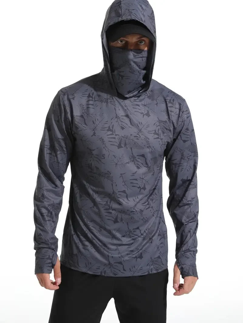Men's Hooded Fishing Shirt with Face Mask, UV Protection Quick Dry Long Sleeve, 2XL-3XL