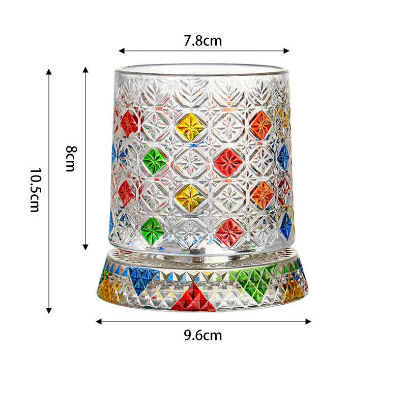 Rotating Whiskey Glass with Base 270ml Crystal Relief Tumbler Cup, Multiple Colors