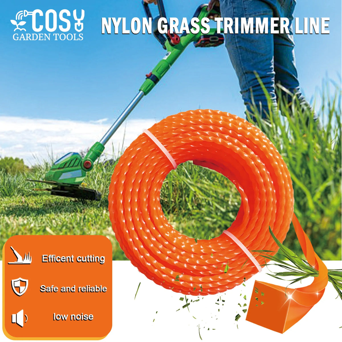 Nylon trimmer line square spiral, 2.4-4.0mm, 15-100m spool for lawn mower/brush cutter