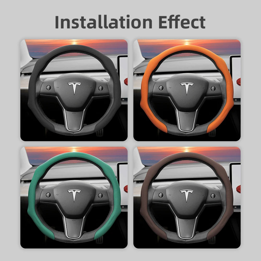 Suitable for Tesla Perforated Leather Steering Wheel Cover, Non-Slip, Sweat-Absorbent, Breathable, Integrated Snap-On Protective Case for Model 3 Y S X and Other Models, Available in Black, Orange, Red, White, Green