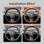 Suitable for Tesla Perforated Leather Steering Wheel Cover, Non-Slip, Sweat-Absorbent, Breathable, Integrated Snap-On Protective Case for Model 3 Y S X and Other Models, Available in Black, Orange, Red, White, Green