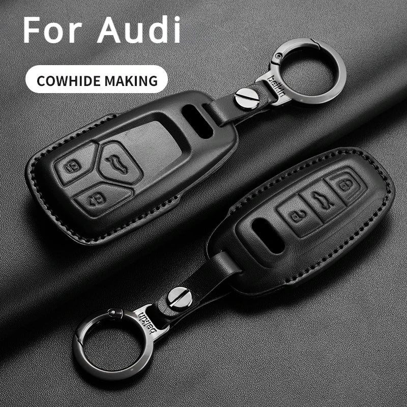 Auto Key Shell Fob For Audi A4 A4L A5 Q5 Q7 TT TTS 8S B9 2016 2017 2018 Leather Car Remote Key Case Cover Keychain Accessories