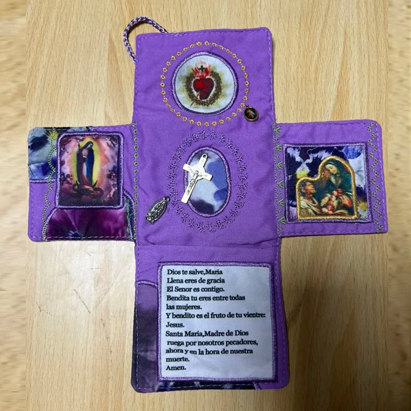 Handcrafted Pocket Shrine with Cross Included Inside,Faith Cross-Shaped Fabric Pouch Sewing Pocket with Saint Images Prayers ﻿