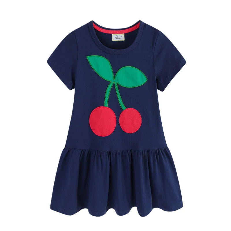 Jumping Meters Princess Dress for Girls Cherry Embroidery Short Sleeve Summer Party Birthday Wedding Baby Frocks Children Dress