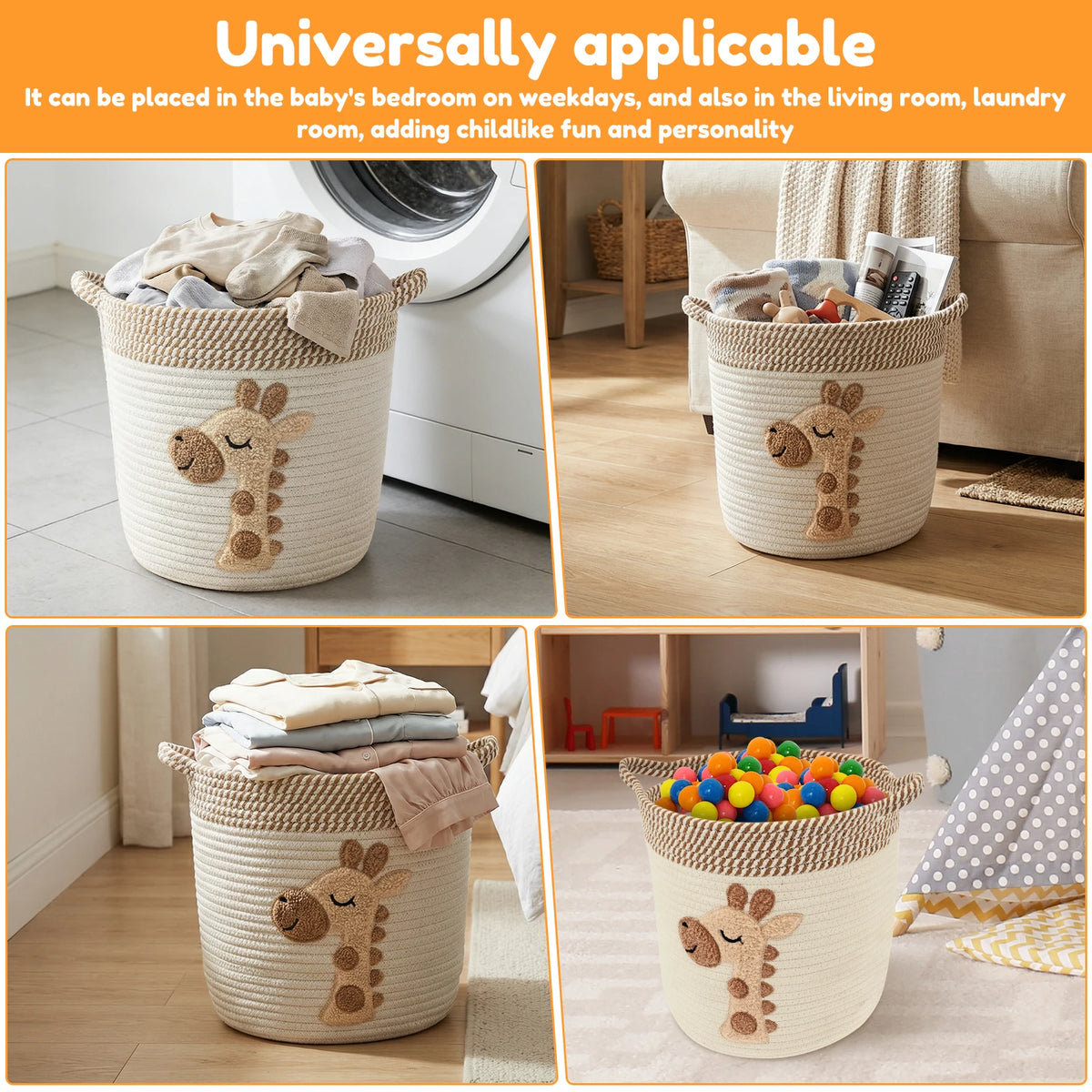 Cotton Rope Storage Basket Large Capacity Toy Organizer with Embroidery Decor Clothes Hamper Woven Sundries Organizer for Home