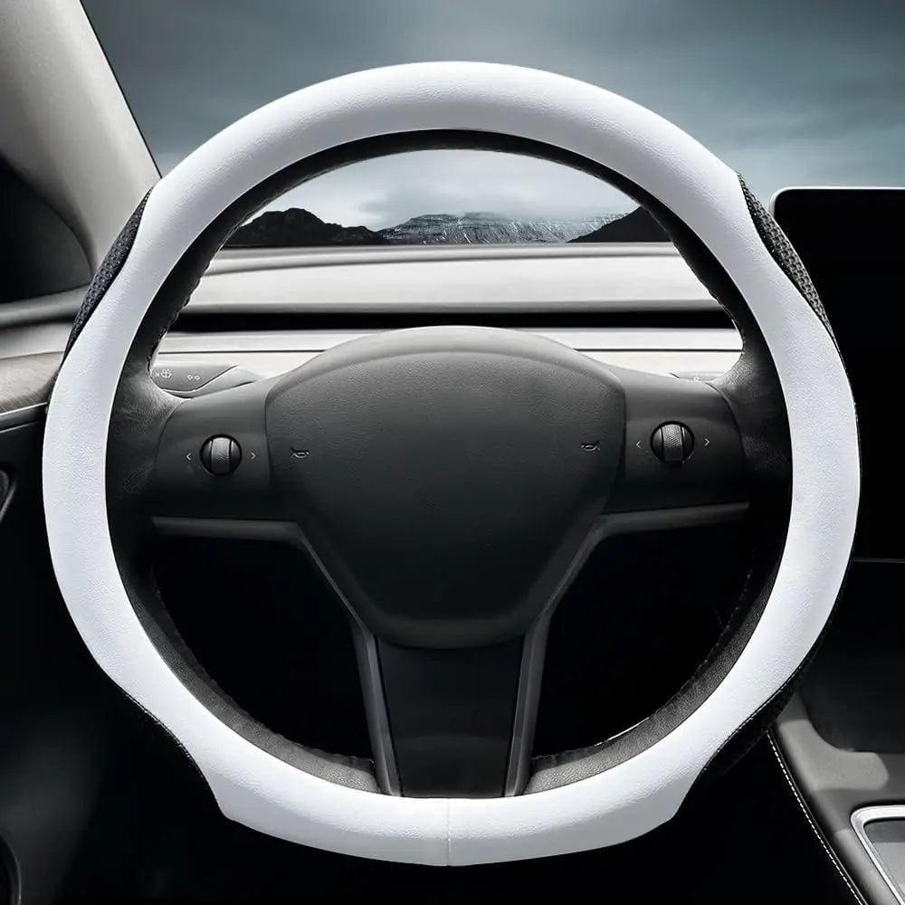Steering Wheel Cover Protector for Tesla Model 3/Y 2016-2025 2026 Juniper/Highland Non-Slip Breathable White Premium Leather