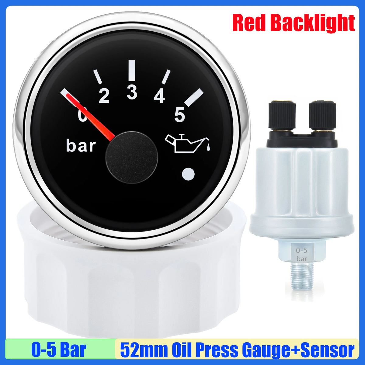 52mm Oil Pressure Gauge with Alarm Red LED 0-5 Bar 0-10Bar Oil Press Meter+Sensor 1/8NPT for Auto Car Marine Yacht 12V24V Custom