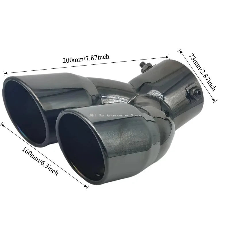 Universal Double Outlet Exhaust Tip Muffler Tailpipe 58mm/73mm Black or Silver Straight/Curved