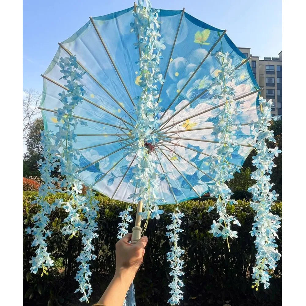 82CM 32'' Skyblue Hanfu Parasol Flowers Waterproof Car Umbrella Dance Cosplay Japan Sakura Spring OilPaper Cosplay El Principito