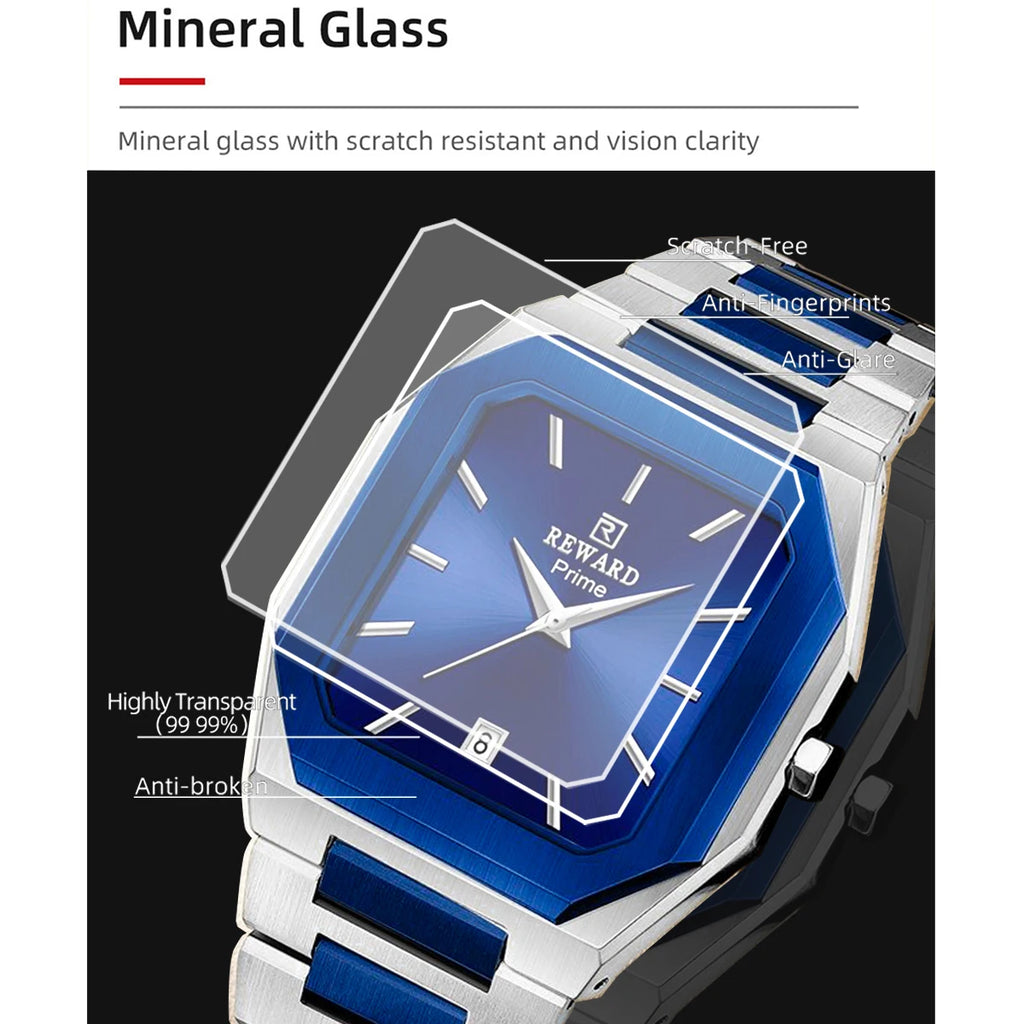 REWARD Men's Square Stainless Steel Quartz Business Watch, Royal Blue Dial with Date Calendar, 30m Waterproof Dress Wristwatch