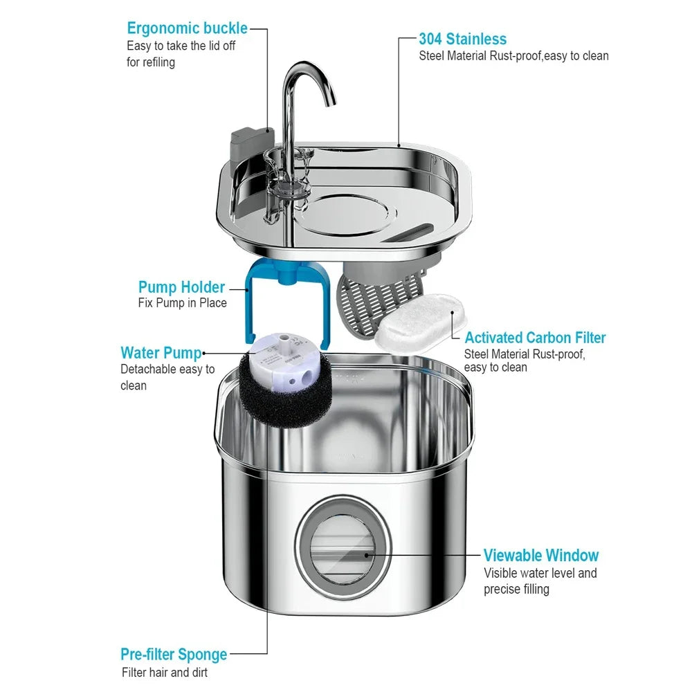 304 Stainless Steel Pet Water Fountain 3.2L/108oz with Filter, Visual Window, Faucet