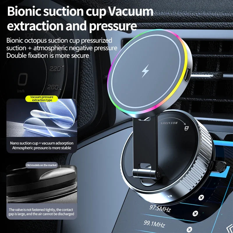 15W Wireless Charge 360 Degree Rotatable Vacum Car Holdermagnetic Car Mount Vacuum Phone Holder for Iphone Samsung Xiaomi