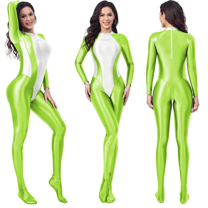 AMORESY Women Rear zipper tight jumpsuit Oily Shiny smooth Sports cycling yoga clothing fitness surf body suit swimsuit gym