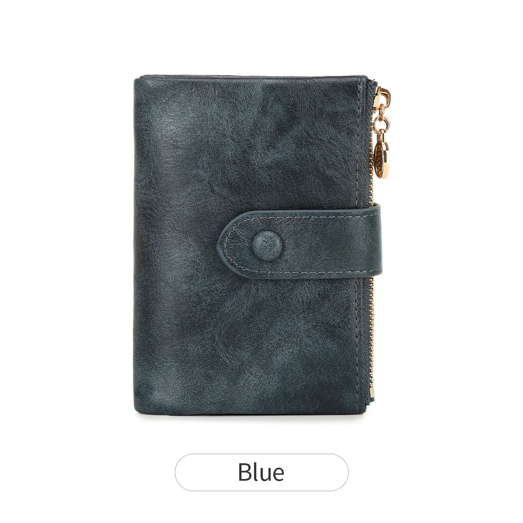 Women's Short Wallet Double Zipper Card Holder 3-Layer Large Capacity QB347 Black