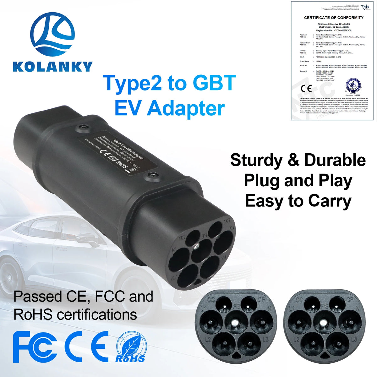 Kolanky 32A 7.2KW EV Charger Adapter Type 2 To Gbt Conventer For China GBT Electric Vehicle Cars Adaptor