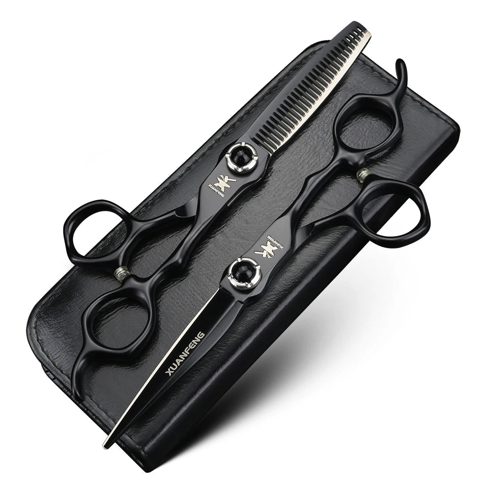 6-inch JP440C steel hair cutting scissors set, black gemstone screw, 2pcs