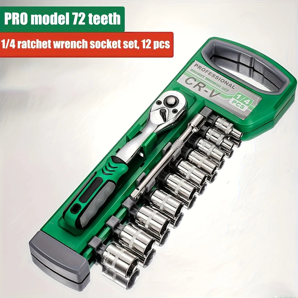 72 Tooth 12 Piece Ratchet Wrench Socket Set 1/4 "-3/8" -1/2 "Metric Set Automotive Maintenance and Household Tools Set