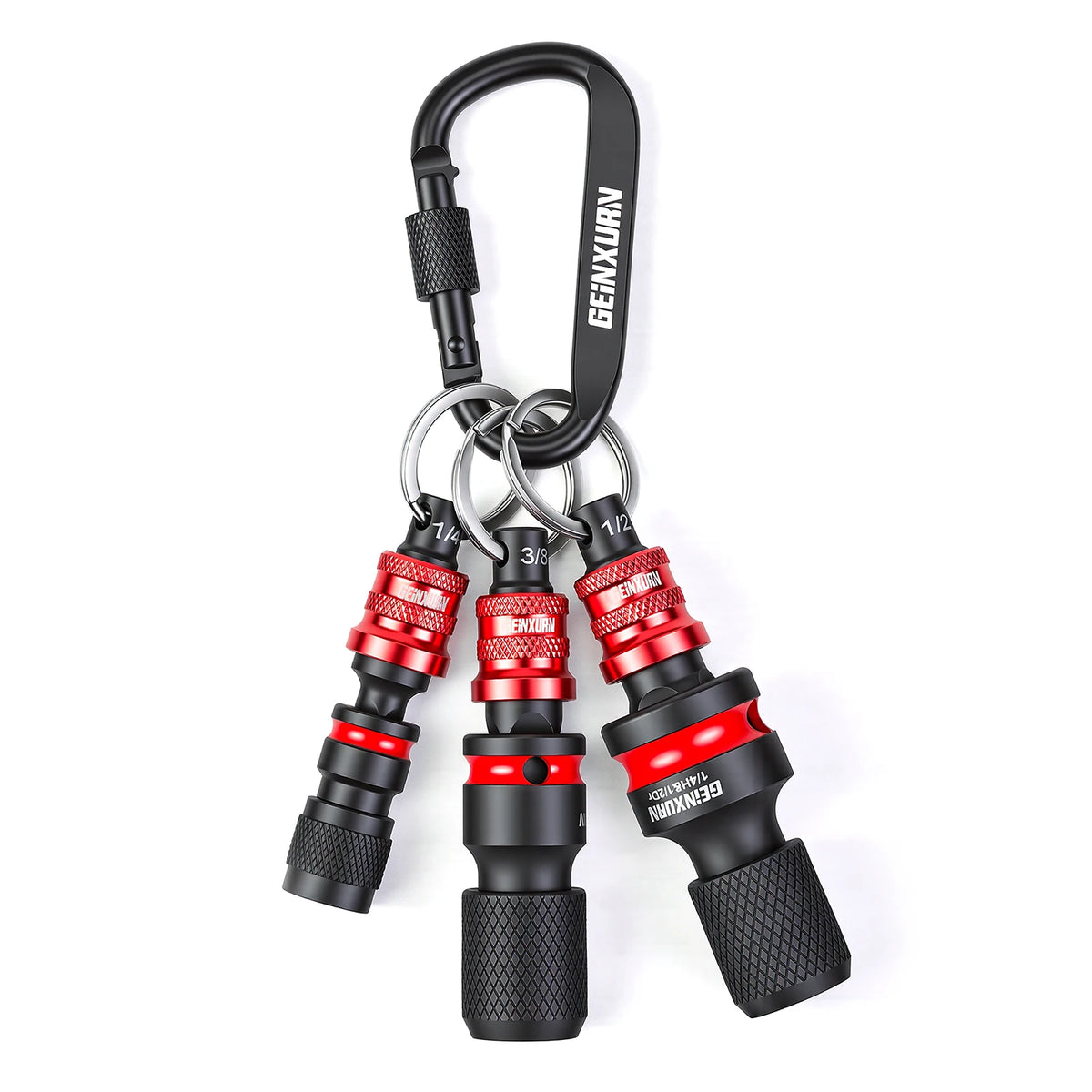 Geinxurn Socket Holder Keychain Set.1/4", 3/8", and 1/2" Drive Quick Release with Adapters, Ideal for Electricians, Construction