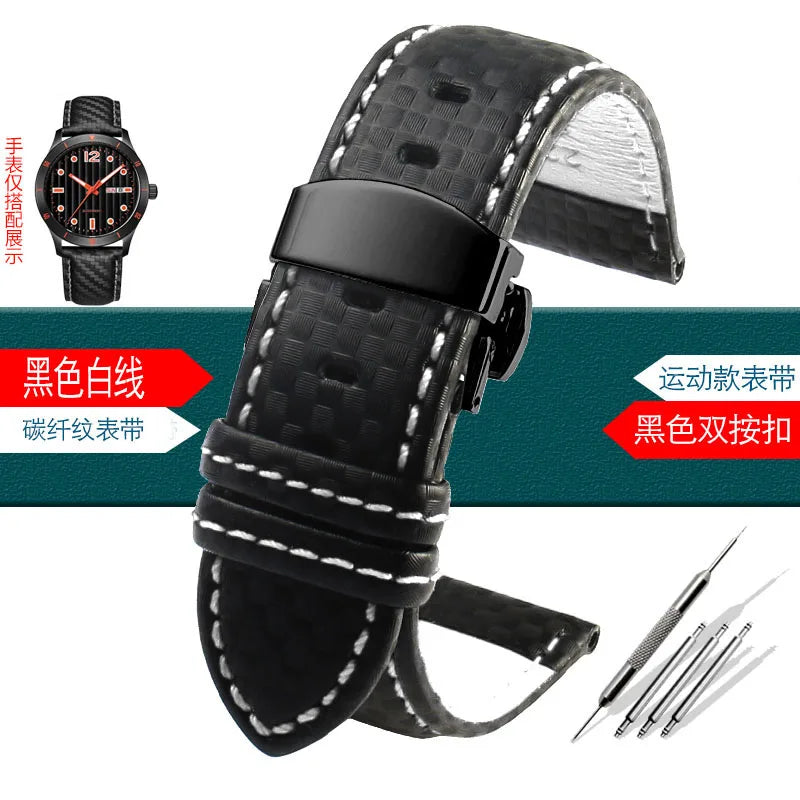 Carbon Fiber Pattern Leather Watch Strap 18mm 20mm 21mm 22mm 23mm 24mm Black Red Orange Stitching Watchband Bracelet Wristband