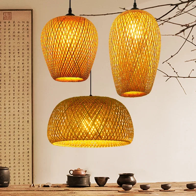 Newest Bamboo Pendant Lamps Ceiling Lights Rattan Wicker Lustre Hand Knit Braiding Suspended Home Dining Braided Decoration HOT