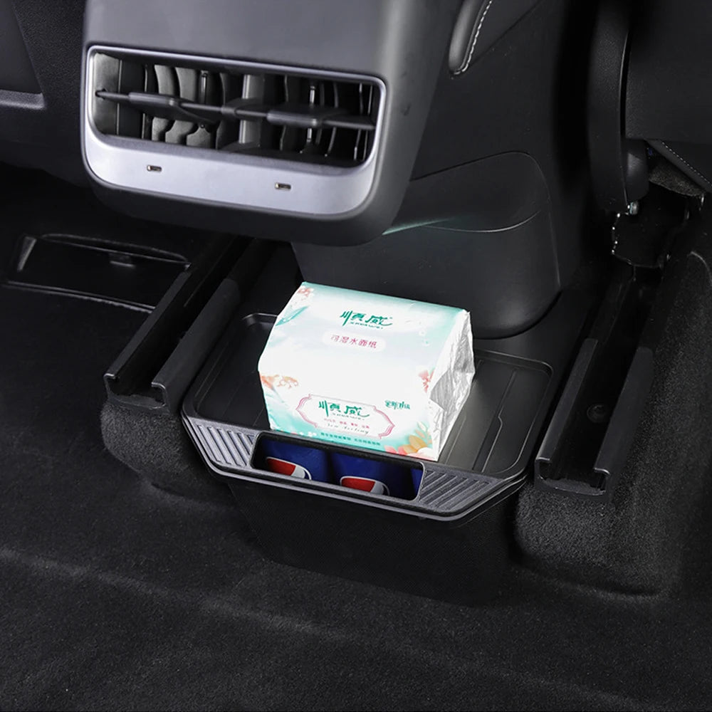 Rear Seat Storage Box For Tesla Model Y 2021-2024 Organizer Center Console Bins Backseat Trash Can Garbage Bag Under Seat Tray