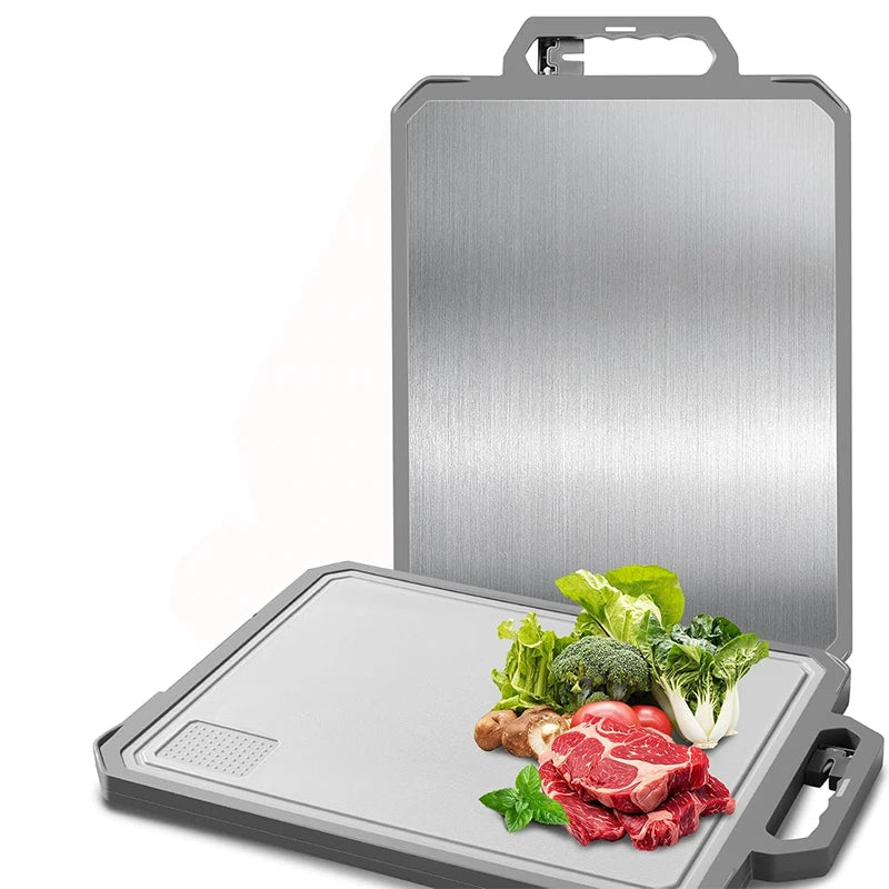 LMETJMA Stainless Steel Cutting Board Double-Sided with Ceramic Sharpener, Silver 300x438x26mm