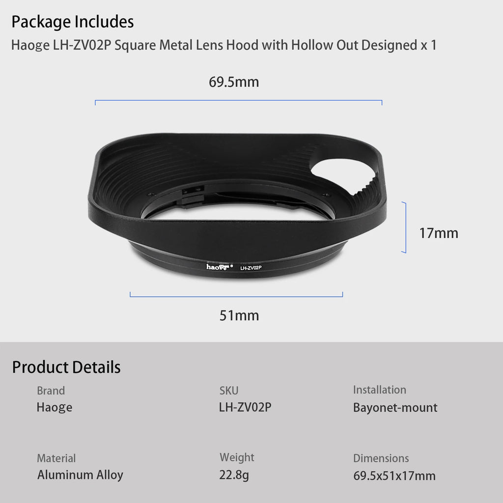 Haoge LH-ZV02P Metal Square Lens Hood for Carl Zeiss Planar T* 2/50 50mm f2 ZM, 35mm/F2 Lens Hollow Out