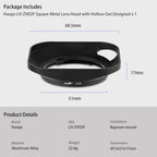 Haoge LH-ZV02P Metal Square Lens Hood for Carl Zeiss Planar T* 2/50 50mm f2 ZM, 35mm/F2 Lens Hollow Out