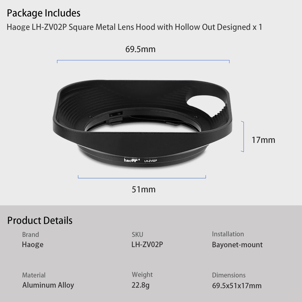 Haoge LH-ZV02P Metal Square Lens Hood for Carl Zeiss Planar T* 2/50 50mm f2 ZM, 35mm/F2 Lens Hollow Out