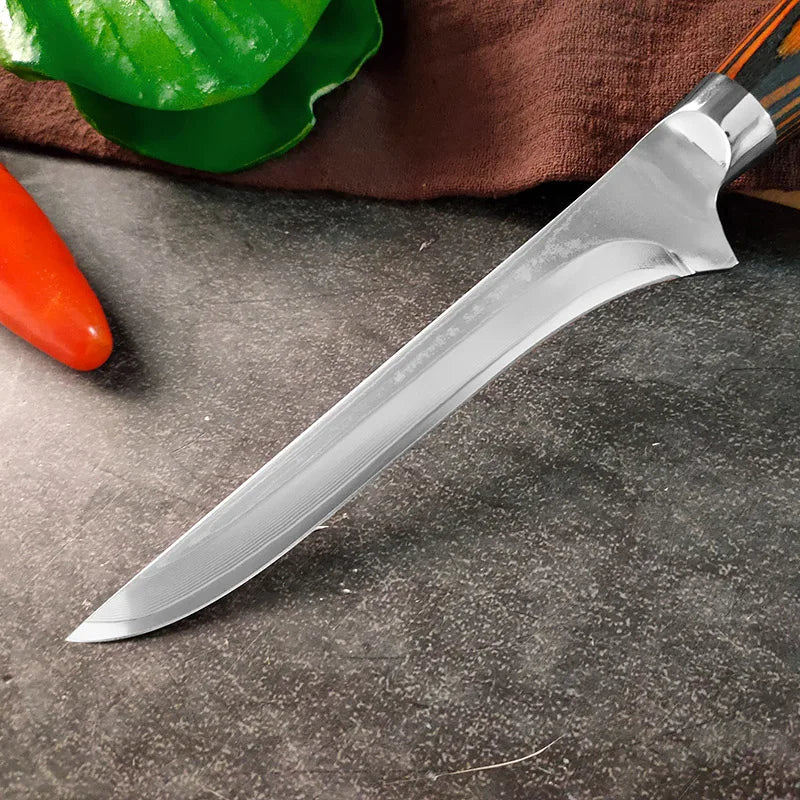 6 Inch Damascus Steel Boning Knife, Yellow Handle, Meat Cutting Fillet Butcher Knife