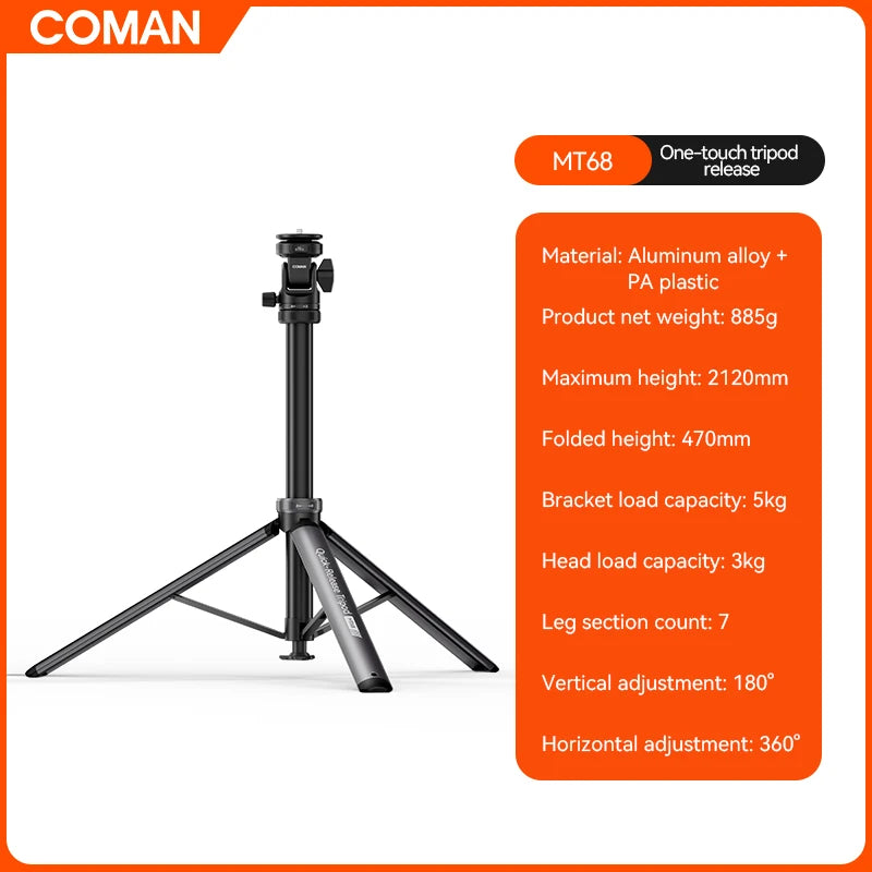 COMAN MT68 Quick Release Light Stand 2.12m Aluminum 7-Section for Photography Lights