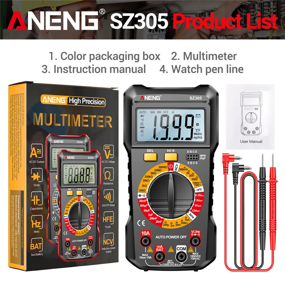 ANENG Multifunction Digital Multimeter AC/DC Voltage Current Capacitance NCV Induction Resistance hFE Triode Buzzer Hz Test Tool