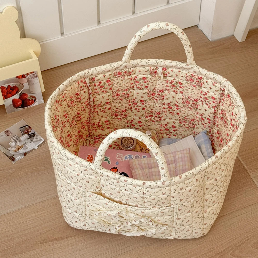 Airfriend Vintage Floral Organizers Basket With Handle Portable Home Room Quilted Foldable Storage Basket For Snack Clothes Toys