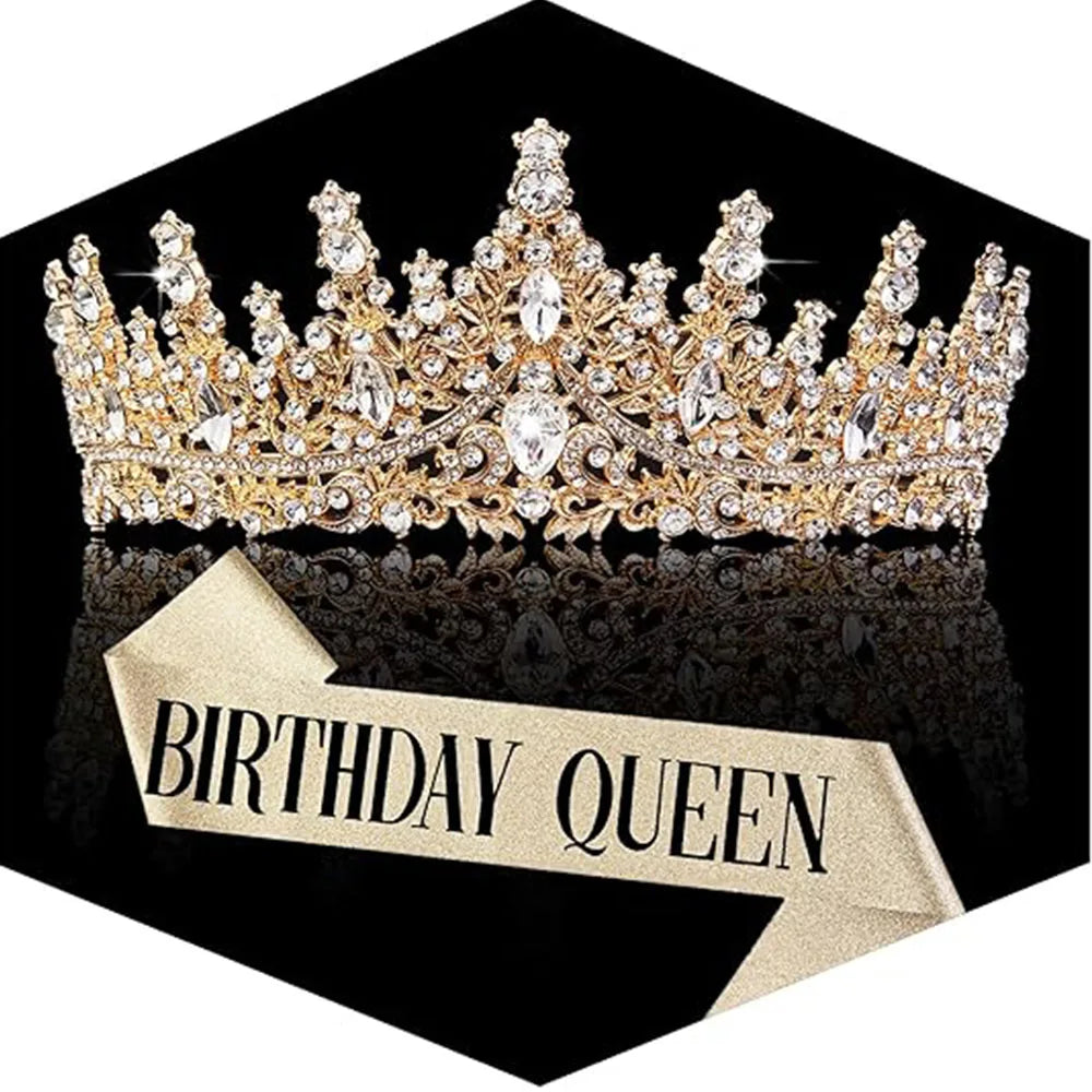 Gold Crystal Rhinestone Queen Tiara Crown for Women Hair Accessory for Prom Pageant Party