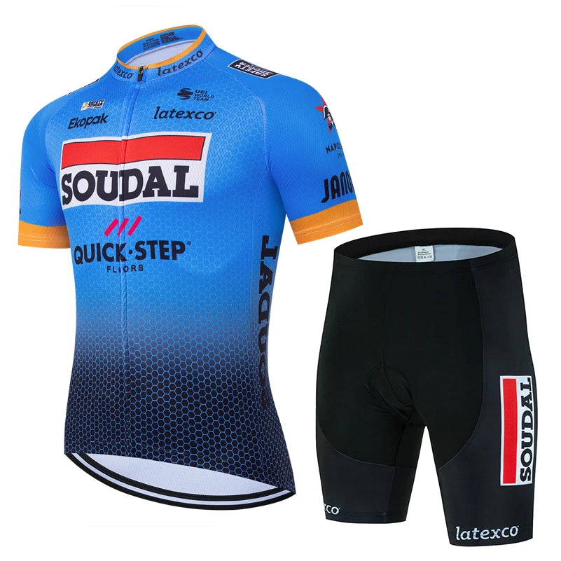 New 2026 SOUDAL Quick Step Men Summer Short Sleeve Cycling Jersey Set Breathable Quick Drying Cycling Clothes Shirt 19D Cushion