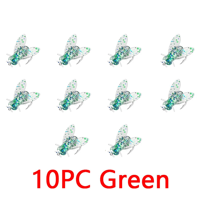 10PCS 10/20mm PVC Fly Fishing Flies Soft Rubber Fly Fishing Lures Lifelike Flies Insects Lures Barbed Hooks Fishing Accessories