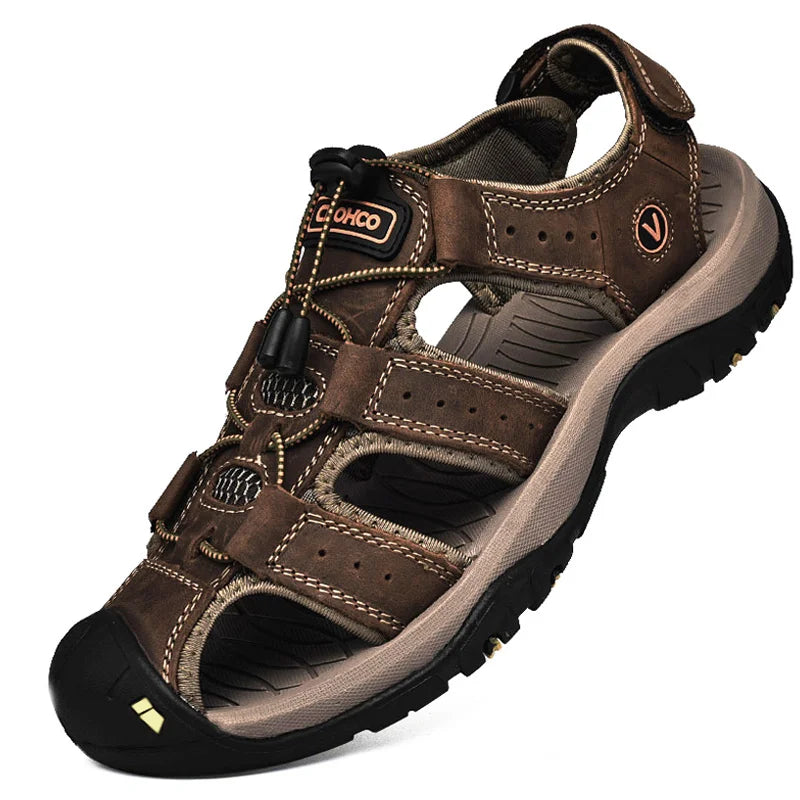 CLOHOO Men's Sandals Handmade Thick Bottom Rubber Breathable Casual Slip-On Beach Shoes Leather Upgraded Version