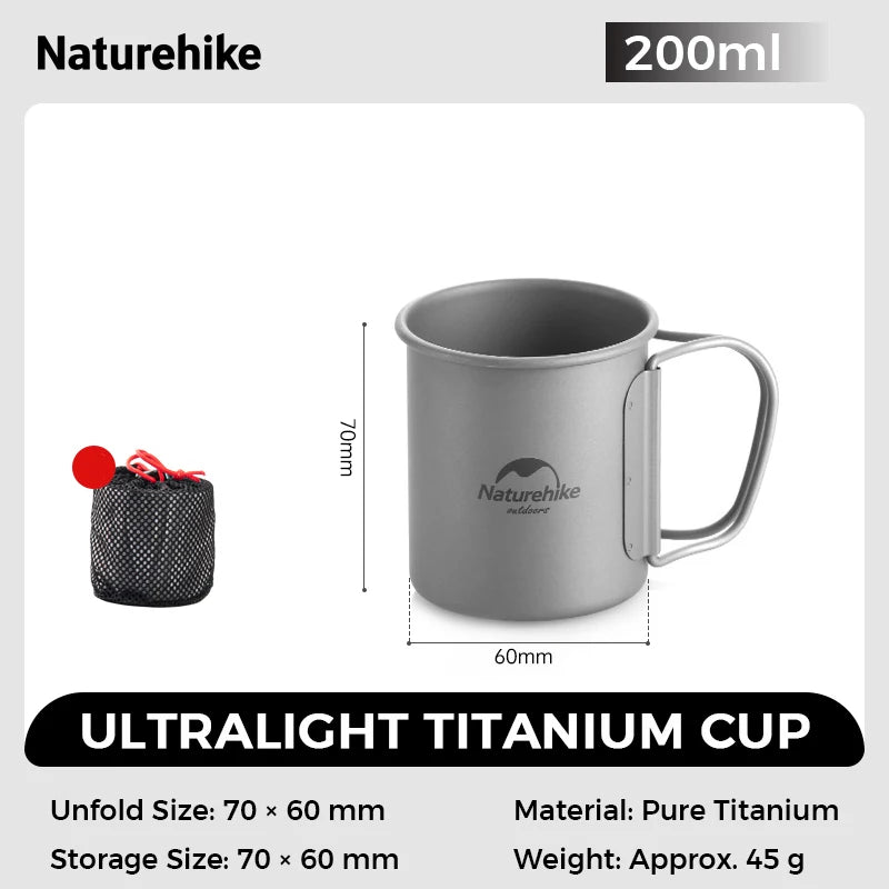 Naturehike Outdoor Titanium Cup Lightweight Portable Tea Coffee Cup Folding Handle Camping Water Mug for Hiking Travelling