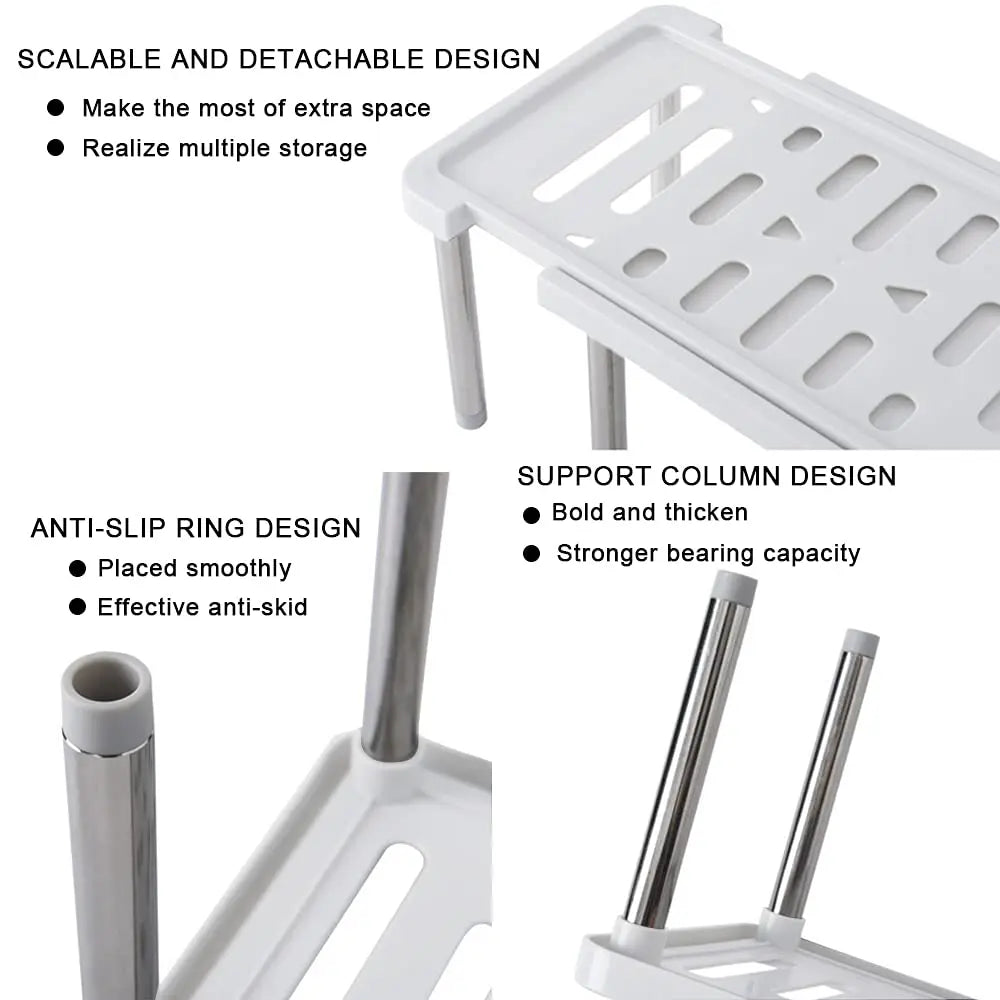Retractable kitchen cabinet shelf organizer rack for dishes & seasoning bottles, grey/white